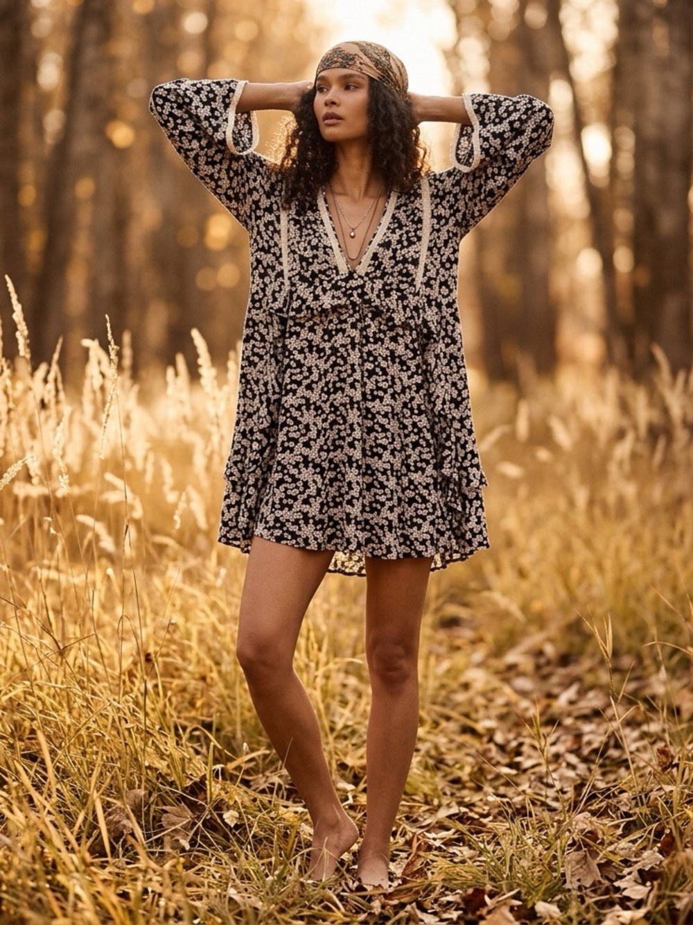 Free People Black Floral Lace Bell Sleeve Boho Mini Dress XS